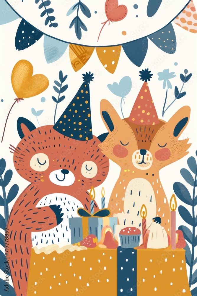 Adorable woodland creatures wear party hats, bringing birthday cheer to the illustration.