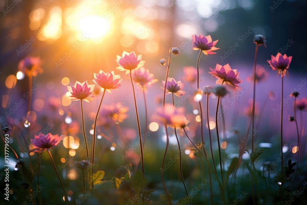 Dew-Kissed Morning: Early morning dew on flowers, with sunrise or soft morning light.