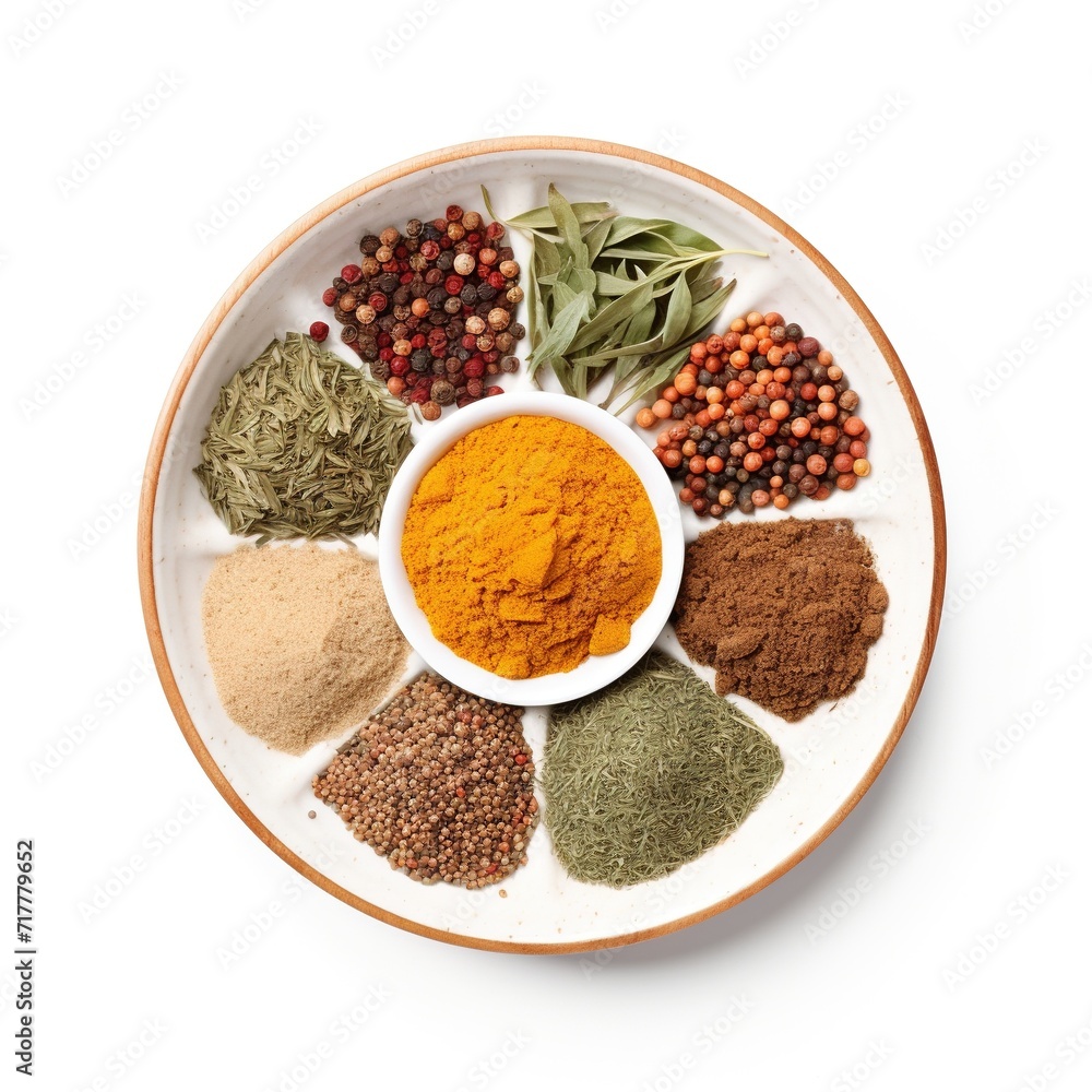 A plate with all kinds of spicy and soft indian herbs on a white bowl top view isolated on a white background