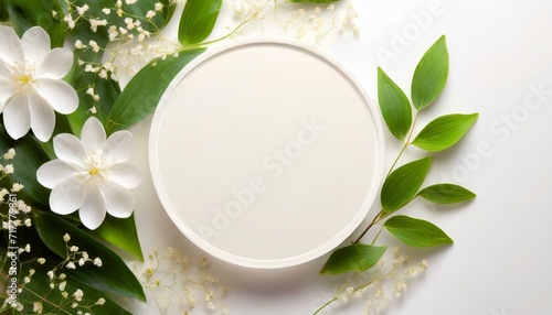 Round Stage Podium design backdrop with green leaves and white flowers, Minimal product display template showcase mockup background, copy space for advertising background top view
