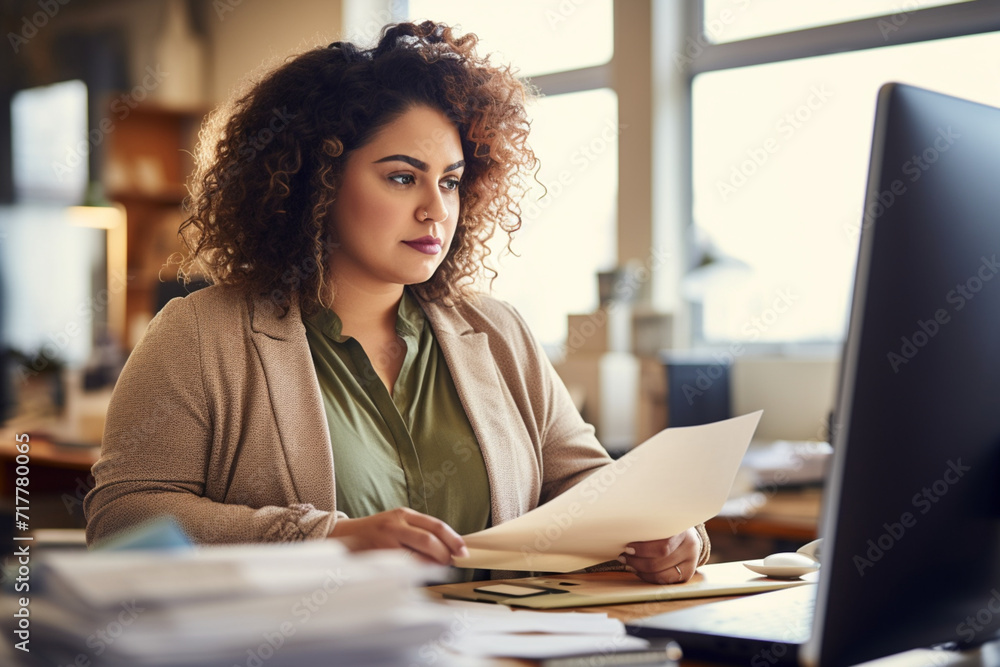plump woman with curly hair, plus-size, manager, in business clothes sitting at a desk with documents,in front of a monitor in a modern office, the concept of diversity plump woman with curly hair, plus-size, manager, in business clothes sitting at a desk with documents,in front of a monitor in a modern office, the concept of diversity