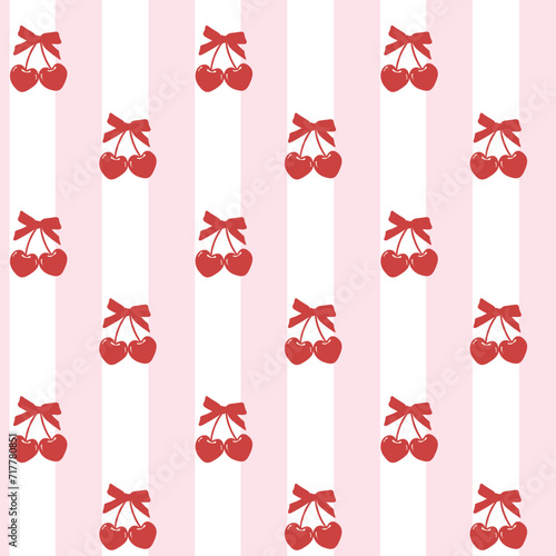 cute coquette pattern seamless red cherries with ribbon bow isolated on white background