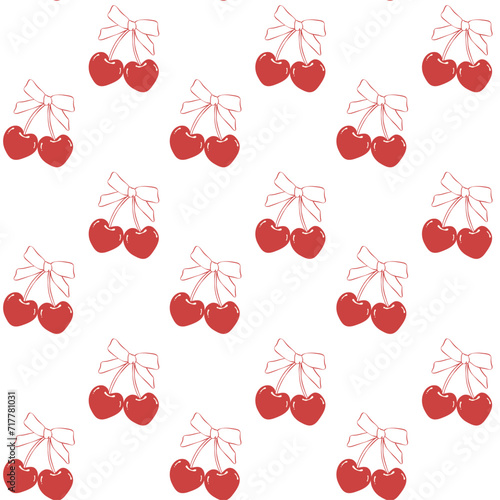 cute coquette pattern seamless red cherries with ribbon bow isolated on white background