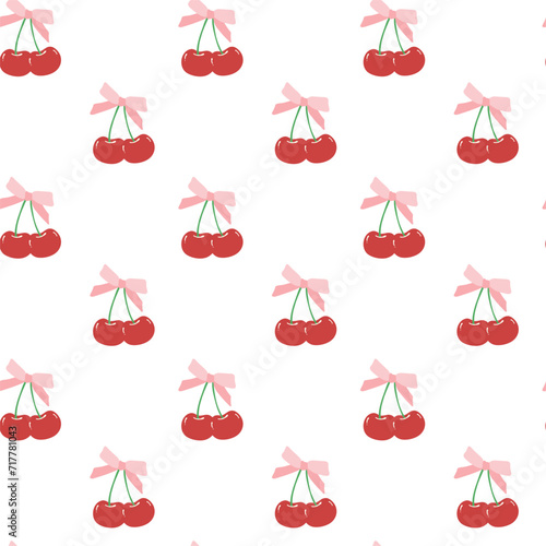 cute coquette pattern seamless red cherries with ribbon bow isolated on white background