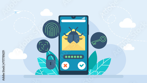 Email, envelope with bug. Virus, malware, email fraud, e-mail spam, phishing scam, hacker attack concept. Phone with alert, spam data, fraud error message, scam, virus. Flat illustration