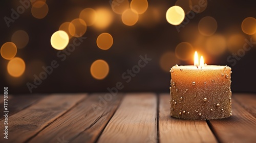 Burning golden candle on wooden table with flickering light background with bokeh effect. generative AI