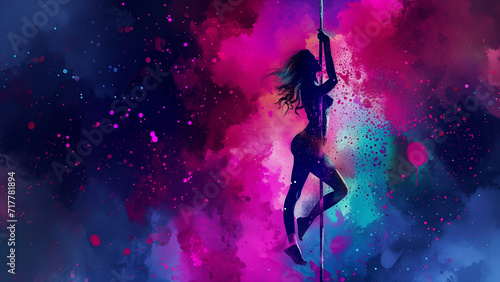 Glowing Grace: A Neon Watercolor Portrait of a Pole Dancer