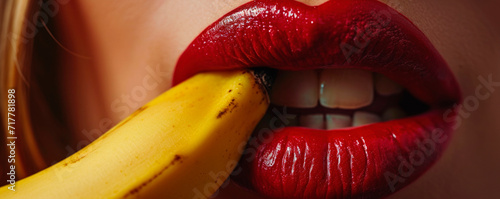 sexy and intimate concept, woman licks and takes a banana in her mouth on a color background, the girl's tongue and lips erotically touch the fruit. AI generated.