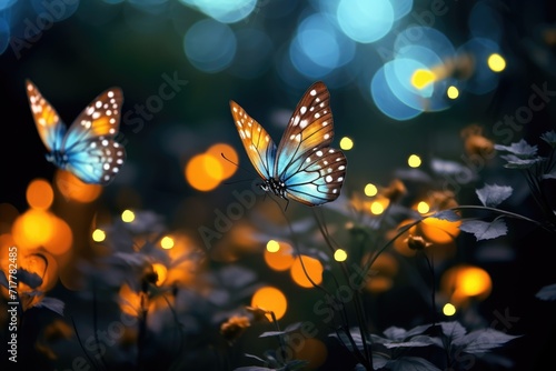Ballet of Butterflies: Capture flowers with bokeh lights while butterflies dance around.