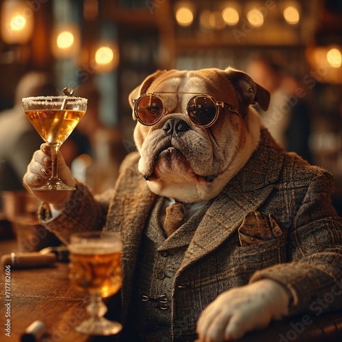 Bulldog in Sunglasses and Vintage Suit  Holding Martini Glass  Celebrating Monthly Fiesta Generative AI