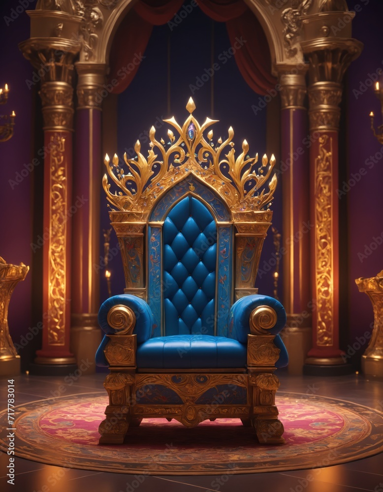 Luxury royal blue armchair with golden crown on red carpet in royal palace