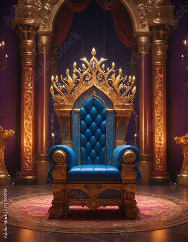 Luxury royal blue armchair with golden crown on red carpet in royal palace