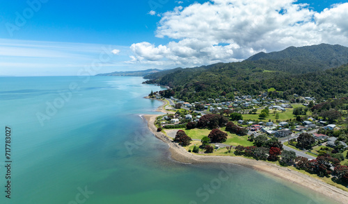 Fototapeta Naklejka Na Ścianę i Meble -  Aerial: Coastline of Waimu near Thames, Coromandel Peninsula, New Zealand.