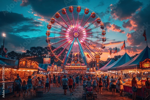 Glowing Ferris Wheel at Night: A Spectacular Sight for the Monthly Carnival Generative AI