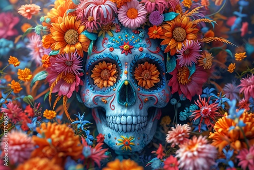 DÃ­a de los Muertos Skull with Flower Crown Generative AI