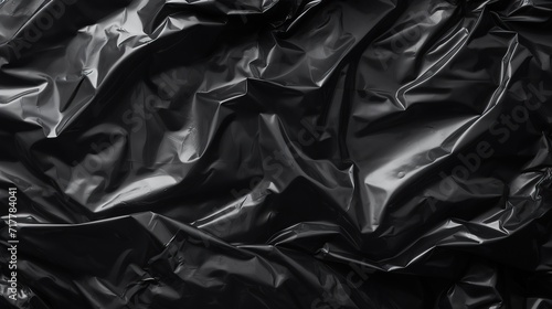 Wrinkled black plastic texture, black background wallpaper. Crumpled plastic surface photo