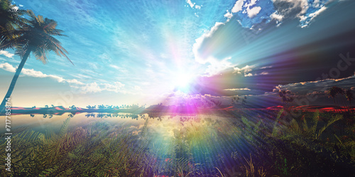 oasis sunset landscape background illustration