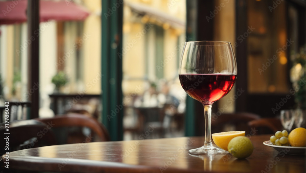 Naklejka premium Wine and fruits in cafe on wooden table