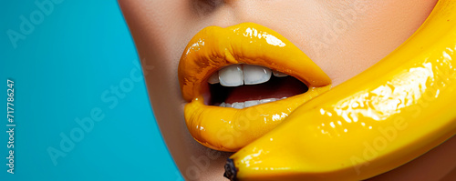 sexy and intimate concept, woman licks and takes a banana in her mouth on a color background, the girl's tongue and lips erotically touch the fruit. AI generated. photo