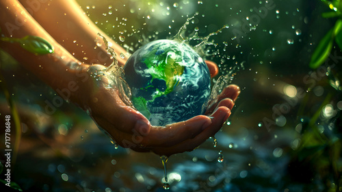 Hands hold world globe in water splash on natural background. Hands protect water-drenched Earth, World Water Day. Safeguarding our planet's water resources. Global water conservation