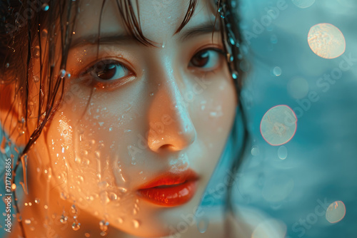a beautiful asian girl posing with rain drops on her face