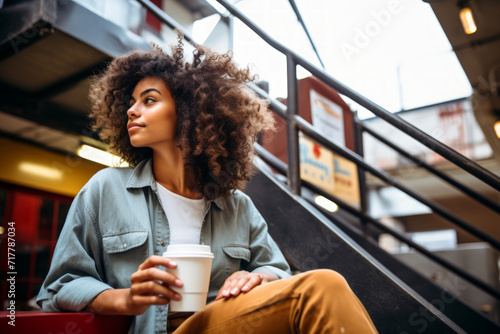 A joyful black woman with a beautiful afro hairstyle holding a white mug looking out © Alfonso Soler