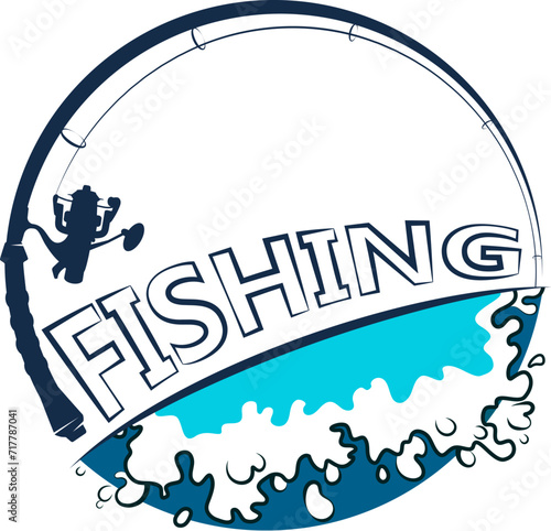 Fishing rod with bait and waves of water. Design for fishing and sport fishing