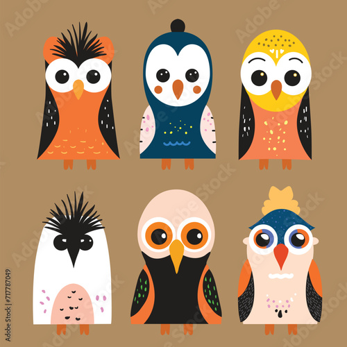 fancy birds, line art, graphics, cartoon birds, vector illustration.