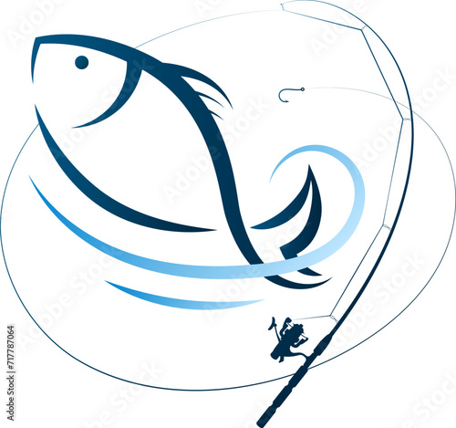 Fish silhouette and fishing rod with fishing line. Design for fishing and sport fishing