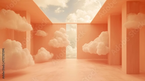Generative AI, peach fuzz color fantastic 3d clouds in the room interior, sky and landscape. Gentle colors and with bright lights 