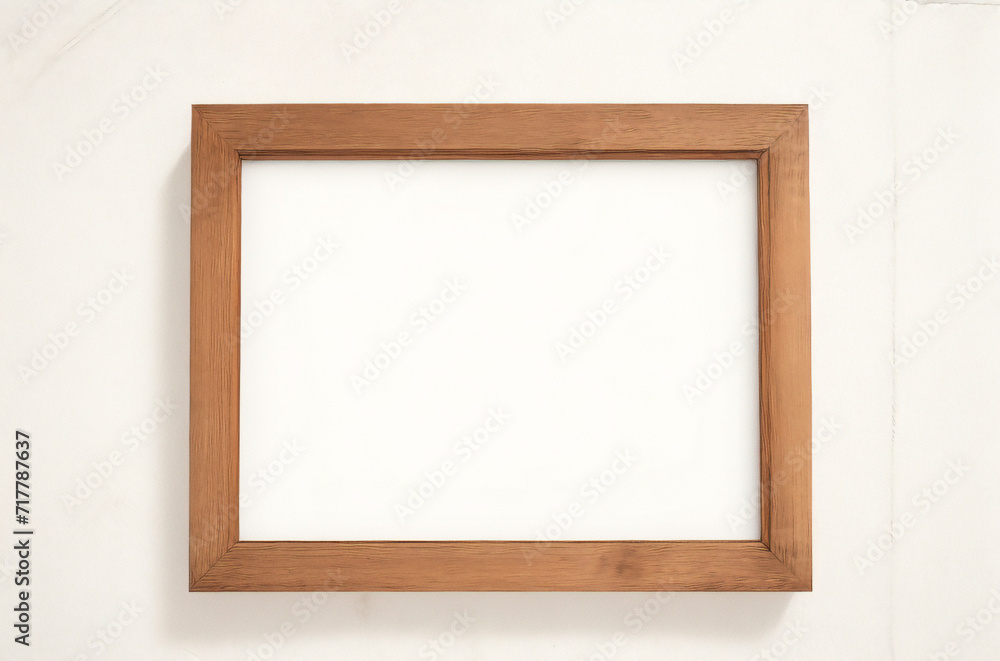 Marco vertical rectangular fino de madera clara colgado en una pared con textura blanca, plano, vista superior, ilustración 3D. Marco vertical rectangular fino de madera clara colgado en una pared con textura blanca, plano, vista superior, ilustración 3D.