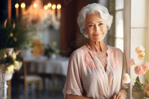 elegant elderly woman with white hair, stands by window against background of classic home interior
