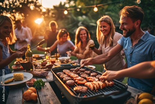 Candid family and friends outdoors, summer barbecue in backyard, enjoying food, laughter, and togetherness, Generative AI
