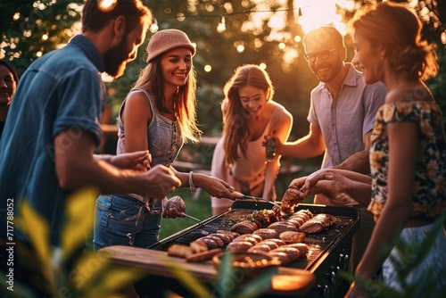 Candid family and friends outdoors, summer barbecue in backyard, enjoying food, laughter, and togetherness, Generative AI