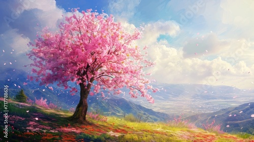 Painterly illustration of a blossoming tree in nature