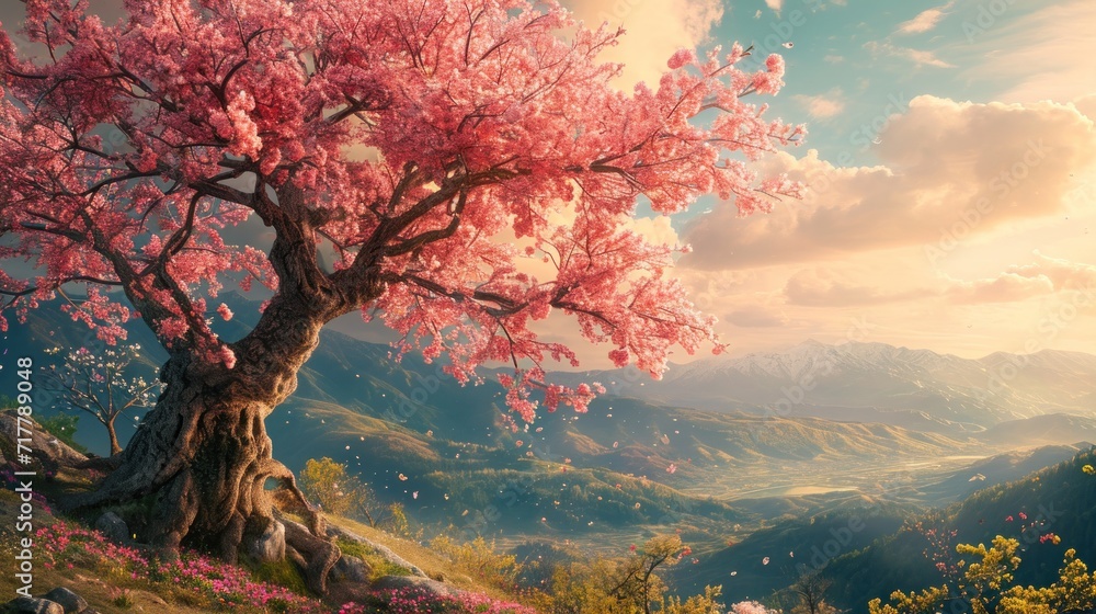 Painterly illustration of a blossoming tree in nature