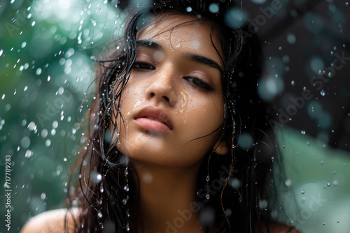 a beautiful girl posing with rain drops on her face