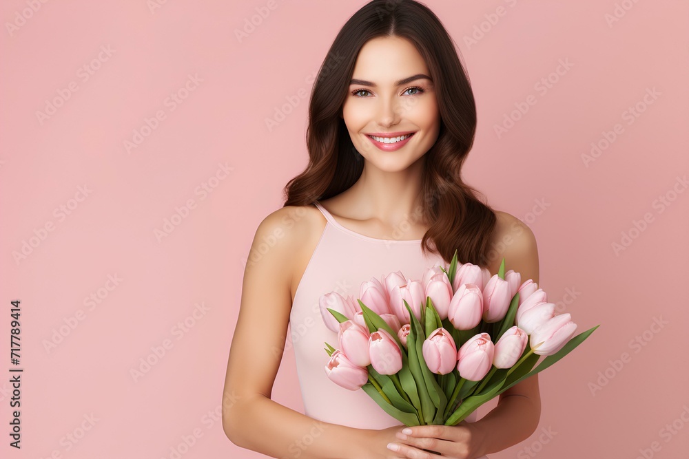 gorgeous young brunette woman holding bouquet of tulip flowers. Pink isolated background, copy space