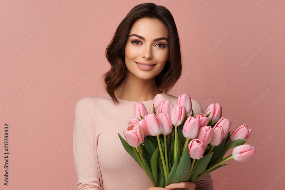 gorgeous young brunette woman holding bouquet of tulip flowers. Pink isolated background, copy space