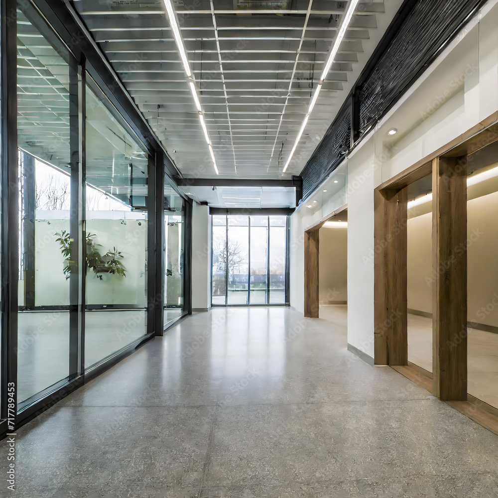 Empty office hall with glass walls and doors. Generative AI. Empty office hall with glass walls and doors. Generative AI.