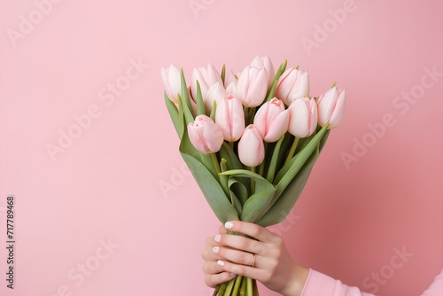 woman holding bouquet of tulip flowers. Pink isolated background, copy space