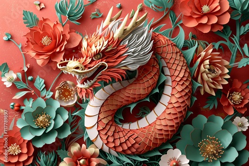Dragon's Den: A Red and Gold Dragon Surrounded by Flowers Generative AI