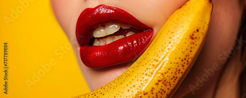 sexy and intimate concept, woman licks and takes a banana in her mouth on a color background, the girl's tongue and lips erotically touch the fruit. AI generated.