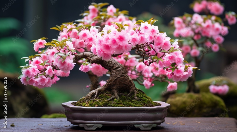 A close-up shot of the delicate Dwarf Cherry Bonsai (Prunus avium) in full bloom, showcasing its vibrant pink blossoms against a lush green backdrop.