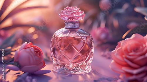 luxury glass or crystal perfume bottle with a rose cap, generative ai