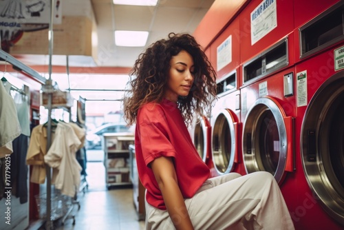 Afro woman doing laundry in the laundromat shop. photo