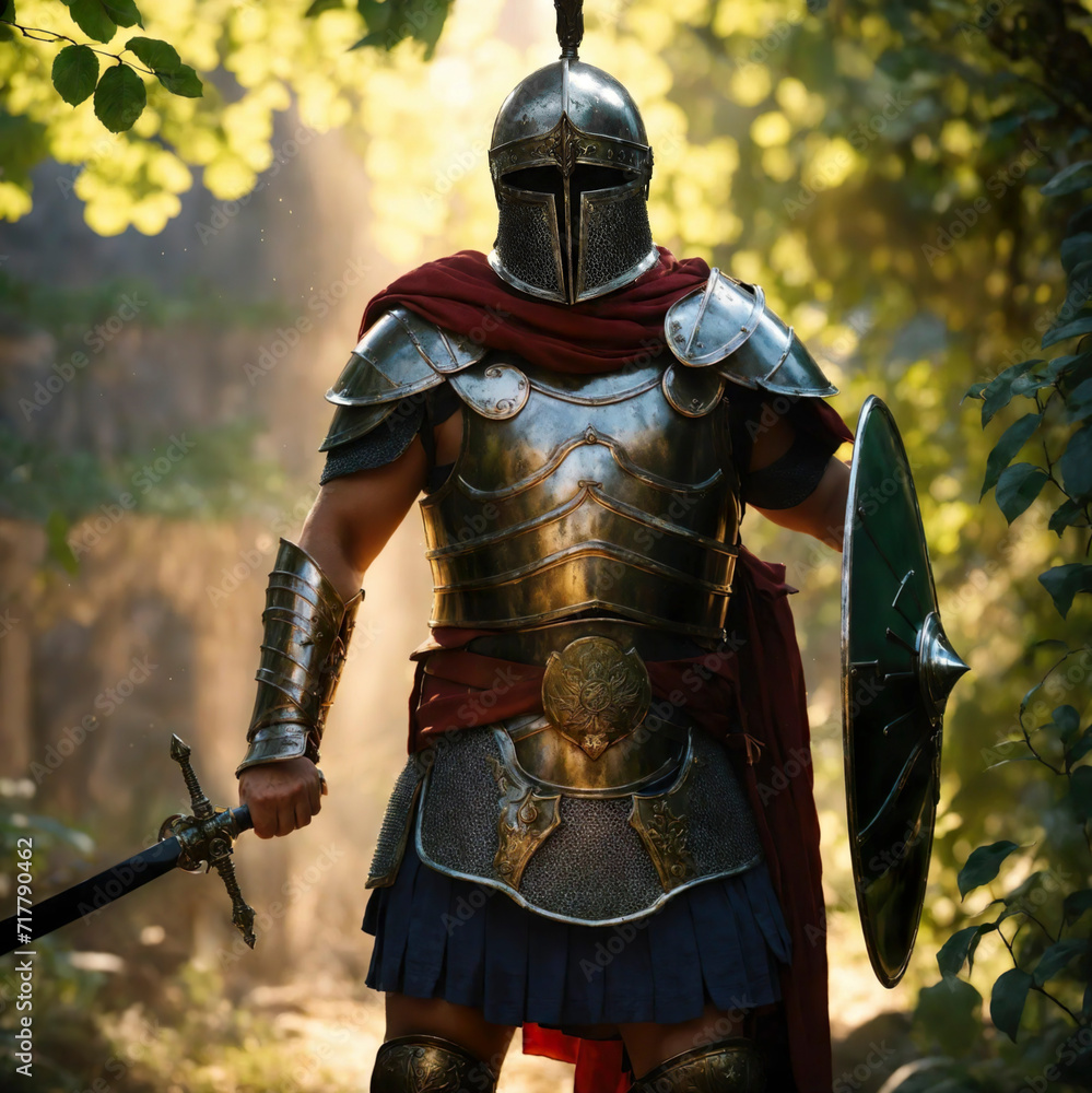 Roman male legionary (legionaries) wear helmet with crest, gladius sword and a scutum shield, heavy infantryman, realistic soldier of the army of the Roman Empire, on Rome background. Roman male legionary (legionaries) wear helmet with crest, gladius sword and a scutum shield, heavy infantryman, realistic soldier of the army of the Roman Empire, on Rome background.