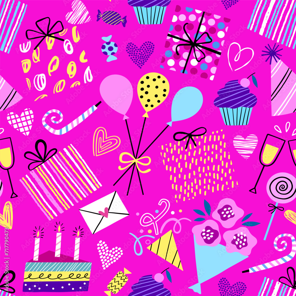 Birthday party seamless pattern. Vector background texture. Birthday wrapping paper