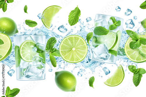 Mojito with ice cubes, lime fruit, realistic water splash and mint leaves
