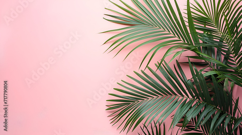 Natural palm leaf on pastel pink background  copy space  generative ai